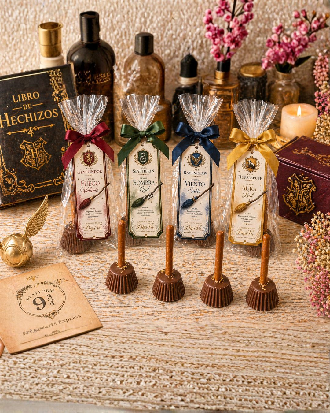 Escobas mágicas Harry Potter | Chocolate con relleno de mazapán | Recuerdos personalizados DéjàVu