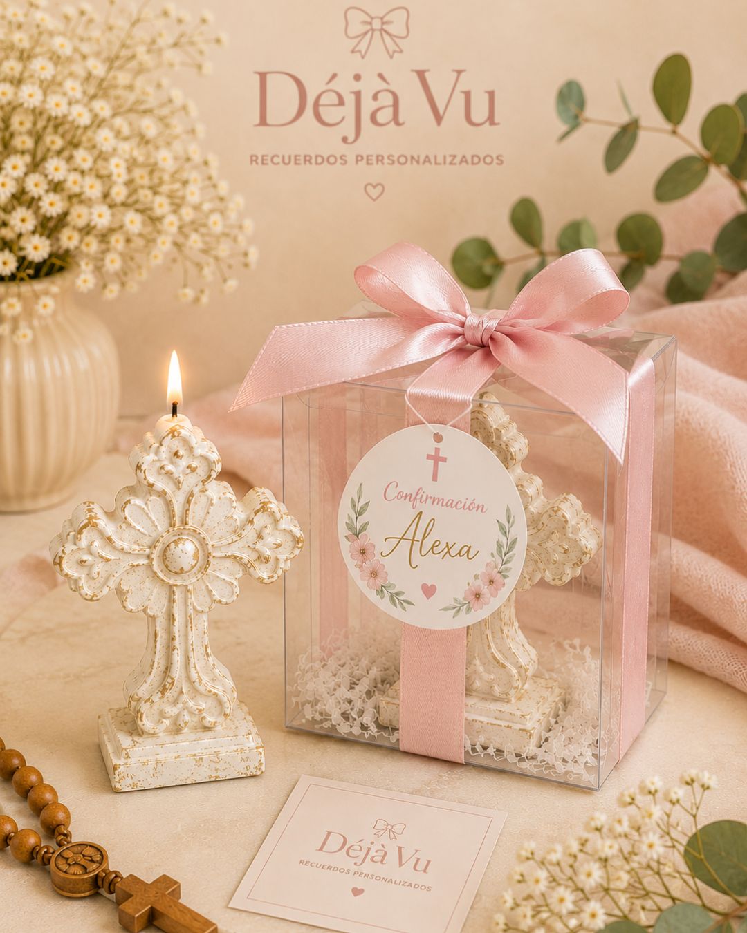 Vela Cruz Personalizada en Caja de Acetato | Recuerdo Católico Elegante